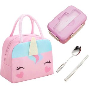 Lunchbox 3 vakken lekvrij Bento Box - voor kinderen en volwassenen - met bestekset - geïsoleerde tas - magnetronbestendig - roze