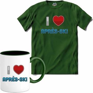 I Love Après-ki | Grappige apres ski shirt | Wintersport kleding - T-Shirt met mok - Unisex - Bottle Groen - Maat XL