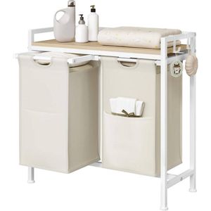 Wasmand met 2 waszakken - Uitschuifbare Wasmanden - Metalen Frame & Houten Blad - Voor Wasruimte, Badkamer of Slaapkamer - Wit - Modern & Ruimtebesparend