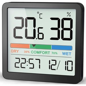 Noklead Digitale thermo-hygrometer, draagbare thermometer, hygrometer, voor binnen, met hoge nauwkeurigheid, temperatuur- en vochtigheidsmeter voor binnenklimaatbeheersing van ruimtes (Zwart)