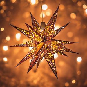 MoreThanHip Multipoint 3D kerstster papier met verlichtingskabel - Jaipur oranje/geel - 60 cm diameter - 18 punten - Kerstster voor binnen - Incl. 3 m. snoer met stekker, schakelaar en E14-fitting - Raamdecoratie - Kerstversiering - Kerstverlichting