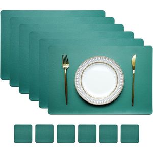 Placemats, afwasbaar, antislip, pvc, hittebestendige placemats voor keukentafel (6 placemats en onderzetters, groen)