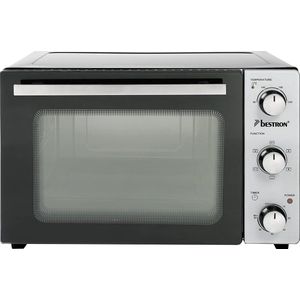 Bestron vrijstaande Mini Oven met 31L volume, Bakoven inlcusief Grillrooster, Draaispit, Bakschaal, Ø30,5 cm Pizzasteen & Heteluchtfunctie, met 5 programma’s tot max. 230 °C, timer & indicatielampje, 1500 Watt, kleur: zilver / zwart