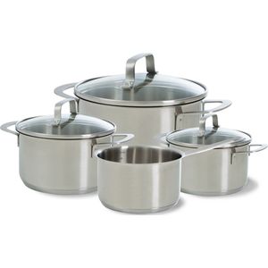 BK Bistro Pannenset - 4 delig met glazen deksels - 16/18/20cm kookpan en 16cm steelpan - inductie en gas - RVS