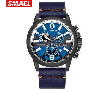 Chronograaf Heren Horloge (47mm diameter) Zwart stalen kast met Blauw Leder band | Gele details | Class-style | SMAEL 9010A22 | Waterdicht |Analoog |Stopwatch | Mud | Shock bestendig| Leger | Leer | Lerenband | Timer | Master