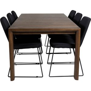 SliderOS eethoek eetkamertafel uitschuifbare tafel lengte cm 170 / 250 rokerig eik en 6 Muce eetkamerstal zwart.