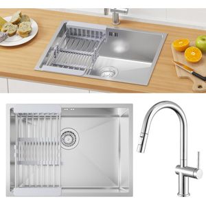 Auralum max Spoelbak Keuken 60x44 - Met keukenkraan met uittrekbare uitloop - Spoelbak Keuken RVS - Inbouwspoelbak - Gootsteen RVS - Spoelbak Met Verstelbaar Mandje - Met Afdruiprek