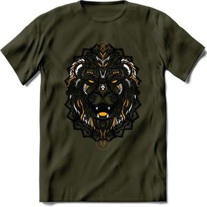 Leeuw - Dieren Mandala T-Shirt | Geel | Grappig Verjaardag Zentangle Dierenkop Cadeau Shirt | Dames - Heren - Unisex | Wildlife Tshirt Kleding Kado | - Leger Groen - XL