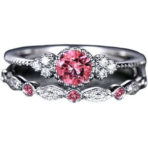 Ring dames roze steen (set) - Ring rozenkwarts zilver - Ring maat 17 zilver kleurig staal - Maat 55 ring dames ringen set van 2 - Roze