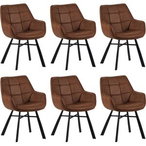 Colenis® - Lenny Eetkamerstoel - Set van 6 - Cognac - Microfiber Stof - Industrieel - Met armleuning