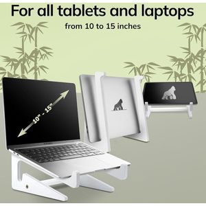 Laptopstandaard van bamboe, ergonomische universele houder voor notebook verhoging, compatibel met 10-15 inch, laptophouder, bureau, verticale laptopstandaard (wit)