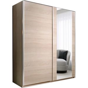 InspireMe- Zweefdeurkast Kledingkast met Spiegel Garderobekast met planken en kledingstang - 120x55x200 cm (BxDxH) - PAXO 120 (Sonoma)