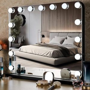 Make up Spiegel - Spiegel - Make-up Spiegel met Verlichting - 15 LED - 58x46cm - Instelbare Helderheid - 3 Dimmer Lichten - USB-oplaadpoort - Bluetooth - Metalen Frame - Zwart