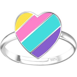 Joy|S - Zilveren hartje ring - verstelbaar - regenboog multicolor strepen - voor kinderen