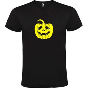 Zwart T-Shirt met “ Halloween Pompoen “ afbeelding Neon Geel Size S