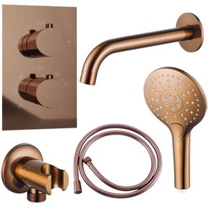 Fortifura Calvi Badkraan set - uitloop - 22cm inkortbaar - gladde slang - ronde handdouche - inbouwdeel - wandhouder - geborsteld koper PVD