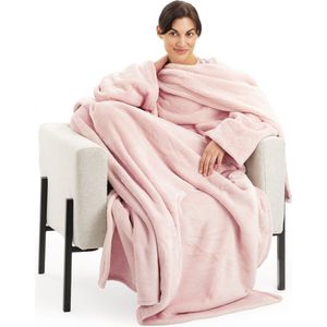 Navaris XL deken met mouwen - Wasbare knuffeldeken voor volwassenen - 200x150cm - Met mouwen en sjaalkraag - Lichtroze