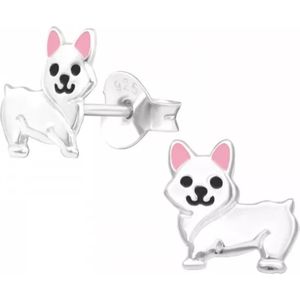 Joy|S - Zilveren hond oorbellen - 7 x 8 mm - zilver met roze - kinderoorbellen