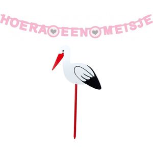 Geboorte versiering meisje - ooievaar geboortebord - 100 cm hoog - vlaggenlijn roze - letterslinger