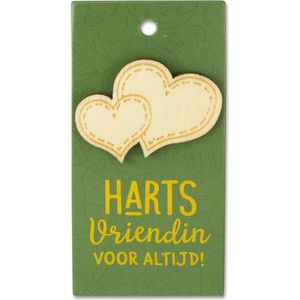 Houten broche op cadeaukaart - Hartsvriendin voor altijd!