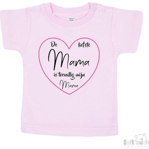 Soft Touch T-shirt Shirtje Korte mouw ""De liefste mama is toevallig mijn mama"" Unisex Katoen Roze/roze/zwart Maat 62/68