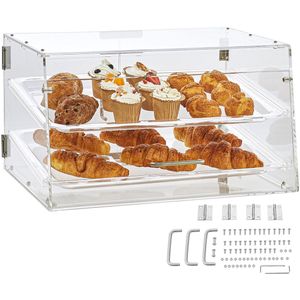 Vitrine met 2 etages voor gebak, bovenbak van acryl met toegang aan de achterkant, verwijderbare schappen voor donuts, bagels, cakes, koekjes, 510 mm x 350 mm x 35 mm