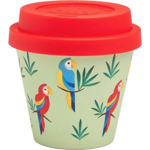 Quy Cup - 90ml Ecologische Reis Beker - Espressobeker “Papegaai” met rood Siliconen deksel 7x7x7cm