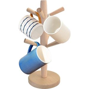 6 Haken Bekerhouder Natuurlijk Hout Bekerstandaard Houten Bekerhouder Koffiebekerhouder Pretzel Boom Keukenbeker Boom voor Koffiekopje Theekopje Mok (32cm)