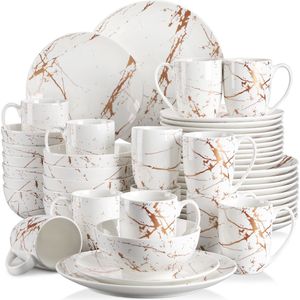 EliteNest® - Lovecasa Servies Set - Porselein - Wit - Goud Splash Ontwerp - Inclusief Dinerbord, Taartbord, Kommen, Koffiekopjes - 48 Stuks