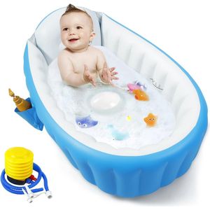 Opblaasbare badkuip voor baby's, draagbaar reisbad, babybad, peuterbad met luchtpomp, opvouwbaar antislip douchebassin mini luchtzwembad voor pasgeborenen (blauw)