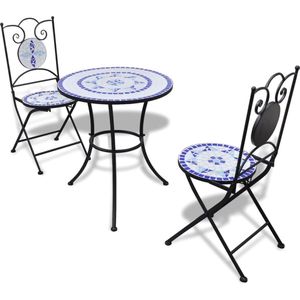 VidaLife 3-delige Bistroset keramische tegel blauw en wit - Ronde Tafel en 2 Stoelen - Prachtige Keramiek - Oud Frans Design