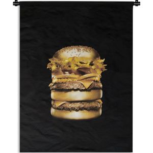 Wandkleed Goud - Gouden hamburger op een zwarte achtergrond Wandkleed katoen 60x80 cm - Wandtapijt met foto