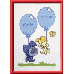 borduurpakket 271.002 woezel en pip, geboorte, ballonnen (incl. blauw/rose garen)