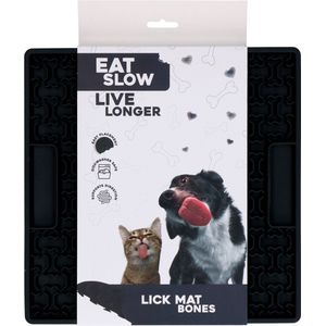 Eat Slow Live Longer Likmat – 21 x 21 cm - Vierkant – Snuffelmat – Anti-schrok Mat – Slowfeeder – Afleiding – Honden en Katten – voor Smeersels, Brokken en Snoep – Botjespatroon - 100% Siliconen – met Zuignappen – Vaatwasserbestendig – Grijs