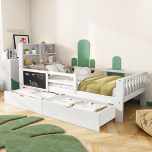 Kinderbed, kinderbed met meerdere functies, met lades en plank, zonder matras, wit, 90*200