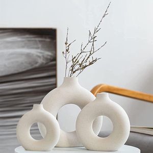 Decoratieve vazen, witte donut, keramische vazen, set 3, vaas voor pampasgras, modern, Scandinavische decoratie, boho beige vaas voor woonkamer, hal, bruiloft, vensterbank, tafel, feest, woondecoratie