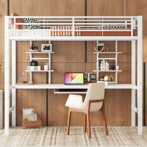 Hoogslaper, 90*200 cm, metalen bedframe, ijzeren bed, hoogslaper met bureau en twee boekenplanken voor kinderen, tieners en volwassenen, wit