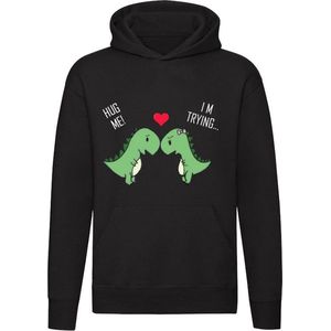 Hug me im trying Hoodie - unisex - knuffel - dino - dinosaurus - oertijd - prehistorisch - prehistorie - grappig - trui - sweater