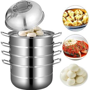Polaza®️ Voedselstomer - Set van 4 Potten - Keuken Accessoires - Pannen - Stoompan - Stoompot - Stomer - Roestvrij Staal - Zilver