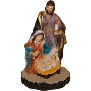 Cadeau-idee: decoratief figuur heilige familie Maria Jozef met Jezus kind kribbe blok handbeschilderd