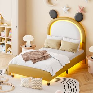 Kinderbed gestoffeerd bed 90 x 200 cm, PU-leer Hoofdeinde met LED-licht - Animal Shape Kinderbed met lattenbodem - vlak bed voor jongens en meisjes geel (matras niet inbegrepen)