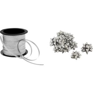 Zilver Lint Voor Geschenkverpakkingen 5mm X 20m + 12 X Ster Mat Zilver 6cm / Cadeaustrikken - Starbows - met plakstrip - decoratie strikken / Inpaklint krullint sierlint inpak lint cadeaulint rol bolduc