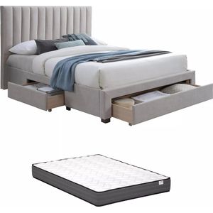 Vente-unique Bed met 3 lades 140 x 200 cm - Stof - Beige + matras - LIAKO L 154 cm x H 123 cm x D 217 cm