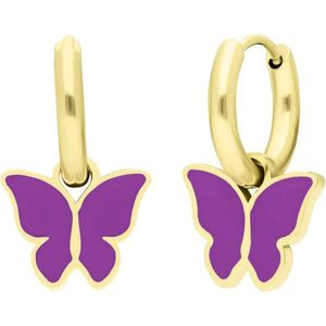 Lucardi Kinder Stalen goldplated oorbellen met vlinder violet - Oorbellen - Staal - Goudkleurig