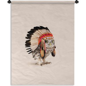 Wandkleed - Muurdoek - Uil - Vogel - Indianentooi - Veren - Dieren - 60x80 cm - Muurtapijt