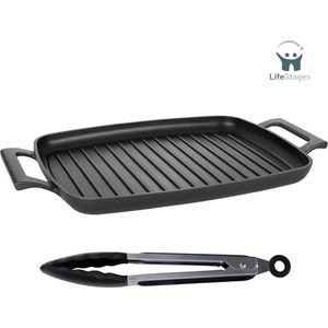 LifeStages - Grillplaat Inductie - Rechthoekige Grillpan 47 CM - Chef Grillpan Professioneel - Pan Met Steencoating En Extreme Antiaanbaklaag