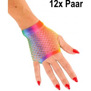 12x Paar Regenboog nethandschoen kort vingerloos - net handschoen carnaval gay pride festival optocht vingerloze thema feest