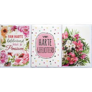 3 Wenskaarten - Pensioen + Van Harte Gefeliciteerd + Blanco Kaart met Bloemen - 12 x 17 cm – PEN-302