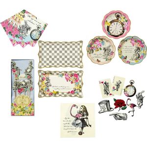 Cactula feestelijke decoratie set bestaande uit servetten, papieren bordjes, papieren schalen, party stokjes, tafelloper en platen in thema Alice in Wonderland