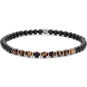 Frank 1967 7FB-0687 Kralen Armband 4mm - Agaat - Tijgeroog - Staal - Rekbaar - 19cm - Zwart - Bruin